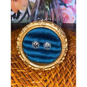 Tory Burch Double T Logo Stud Earrings Silver Tone Hexagon Beaded Edge